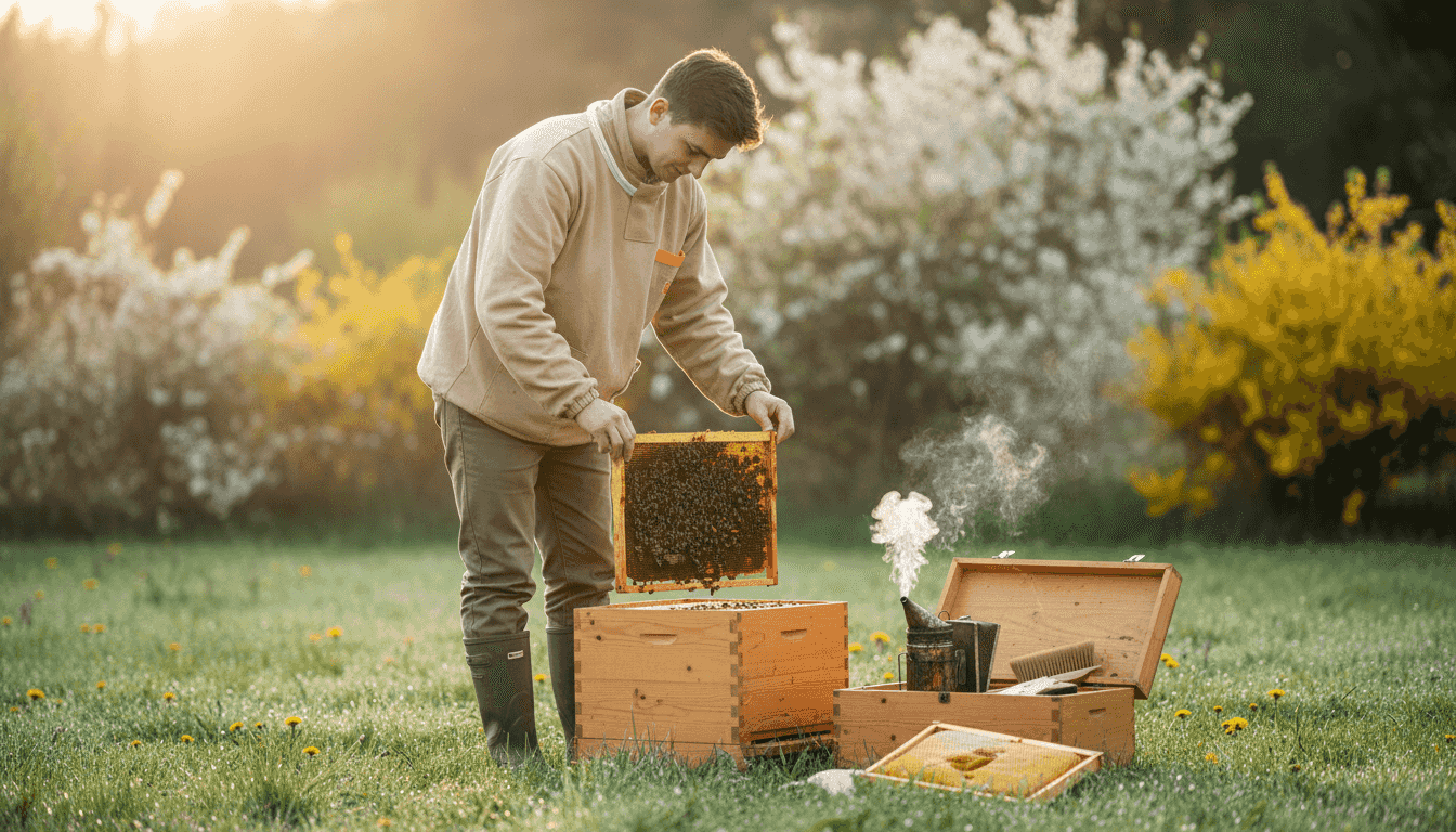 Een imker neemt een kijkje in een bijenkast die vol zit met propolis.