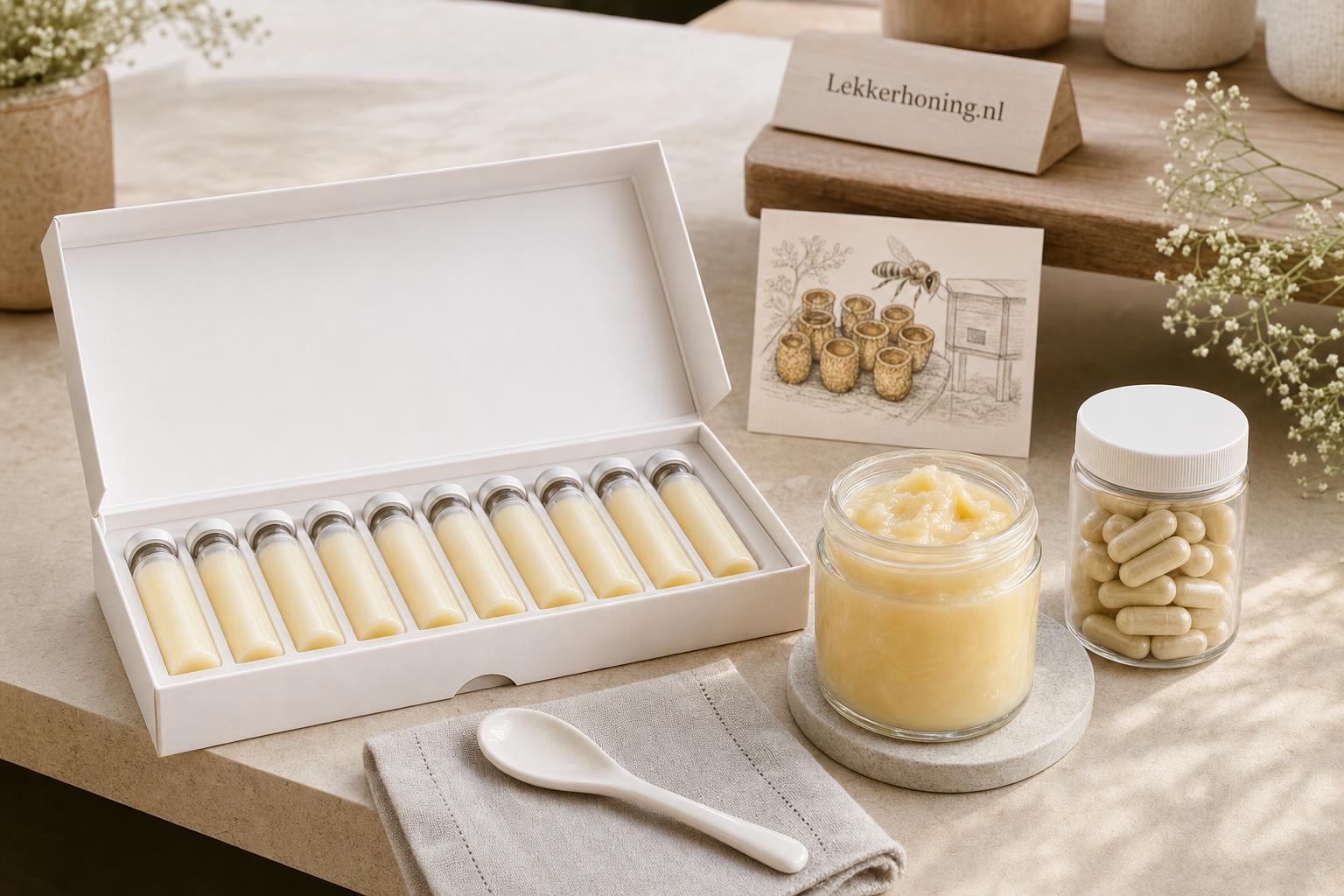 Royal jelly shot ampullen, capsules en potje naast elkaar op een neutrale plank voor een vergelijking.