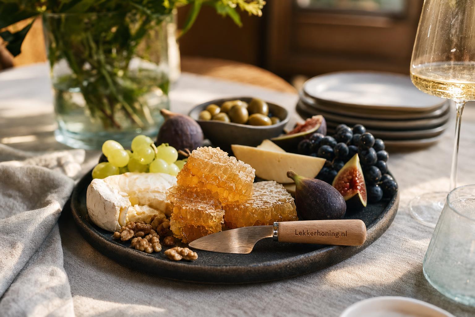 Elegante borrelplank met kaas, fruit, noten en stukjes raathoning mooi op tafel geserveerd.