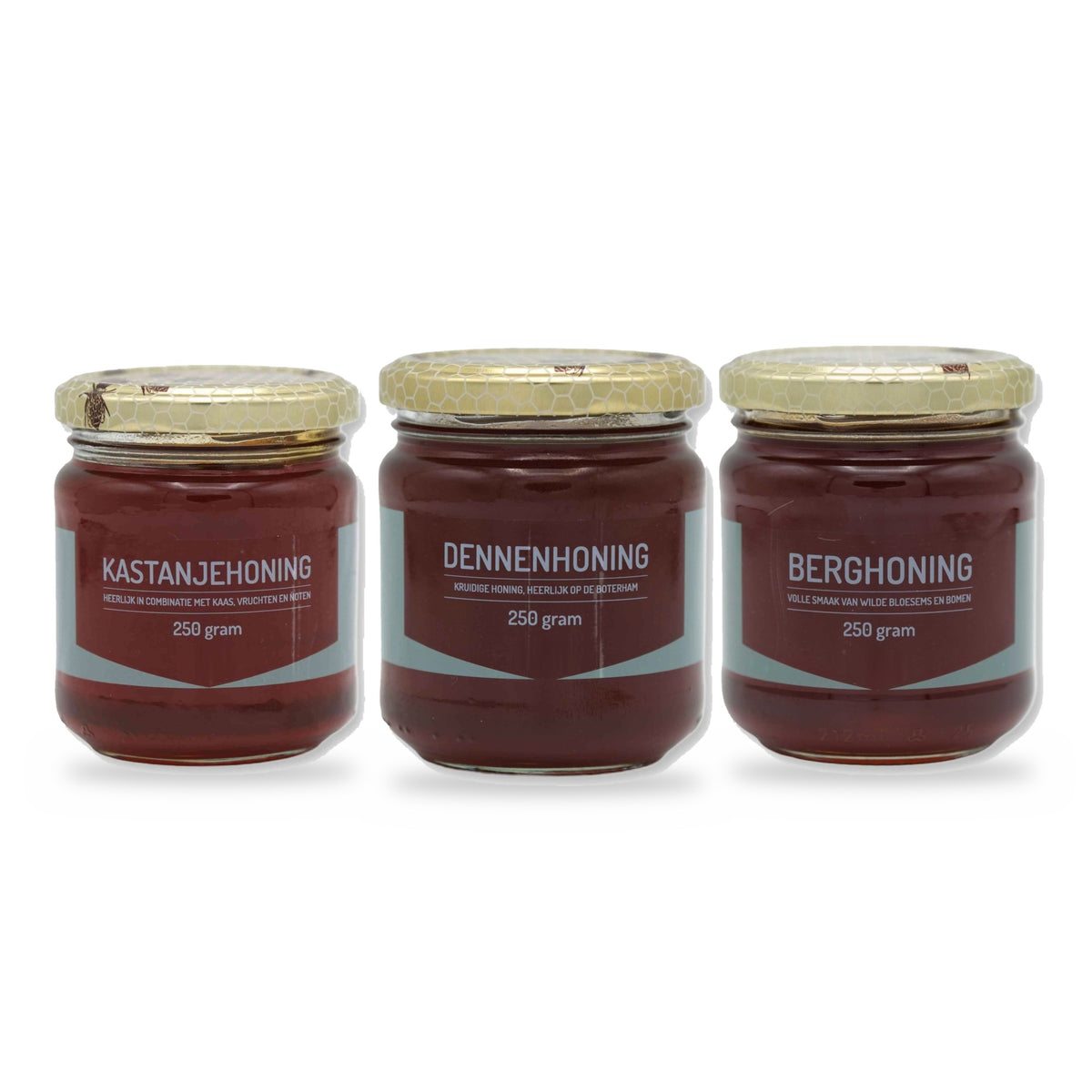 Donker honingpakket - Kastanjehoning, Dennenhoning & Berghoning 250 gram