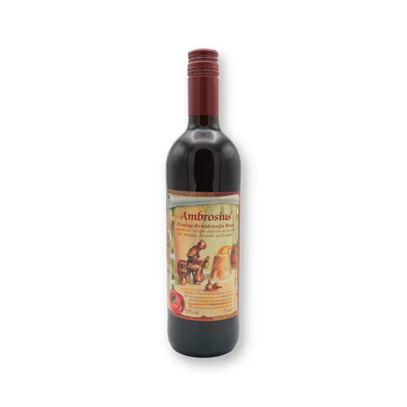 Ambrosius honing kruidenwijn rood in fles van 75 cl, etiket met monnik