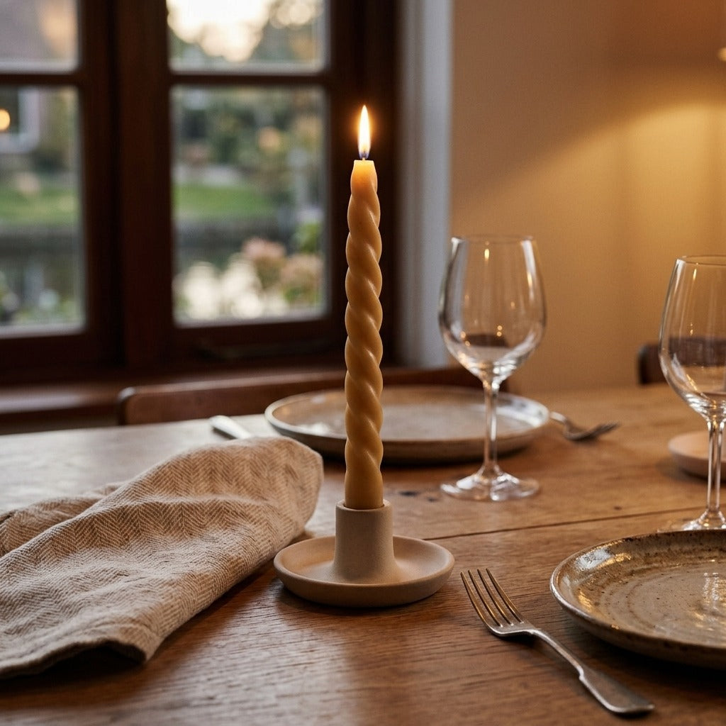 Gedraaide bijenwas dinerkaars brandend op een gedekte tafel