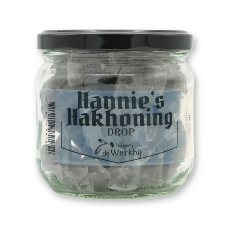 Hannie's Hakhoning Drop, ambachtelijke honingsnoepjes in glazen pot van Imkerij de Werkbij