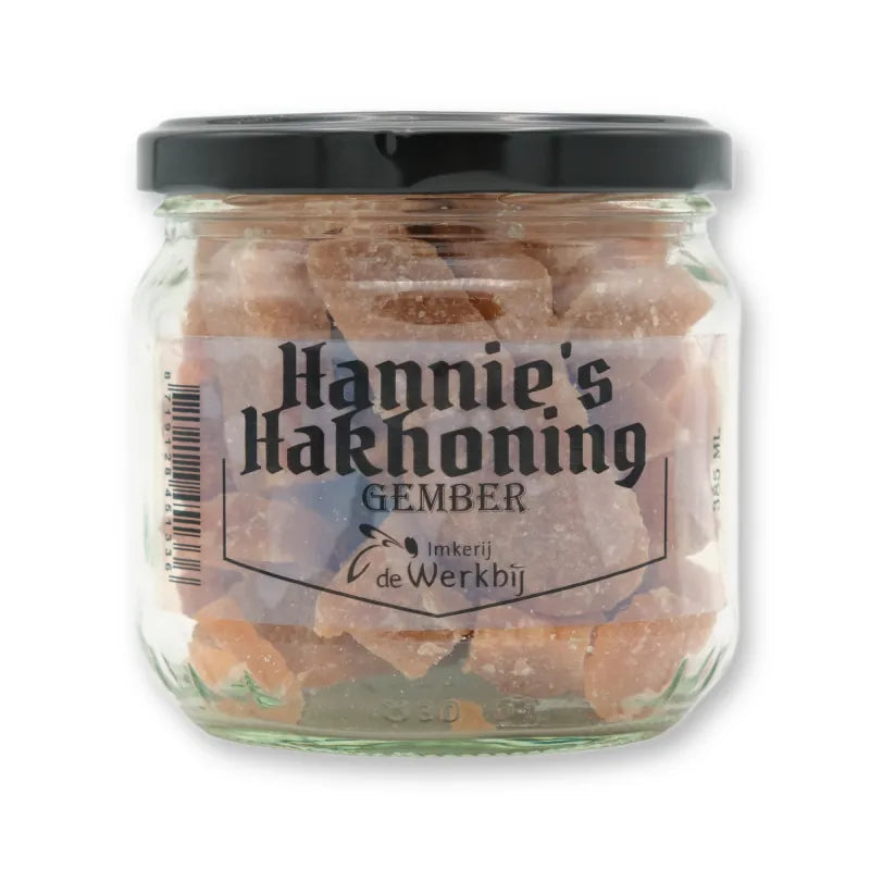 Hannie's Hakhoning Gember, ambachtelijke honingsnoepjes in glazen pot van Imkerij de Werkbij