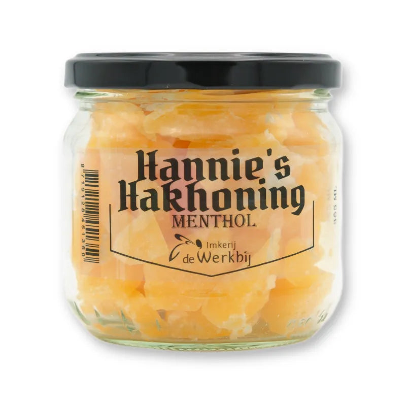 Hannie's Hakhoning Menthol, ambachtelijke honingsnoepjes in glazen pot van Imkerij de Werkbij
