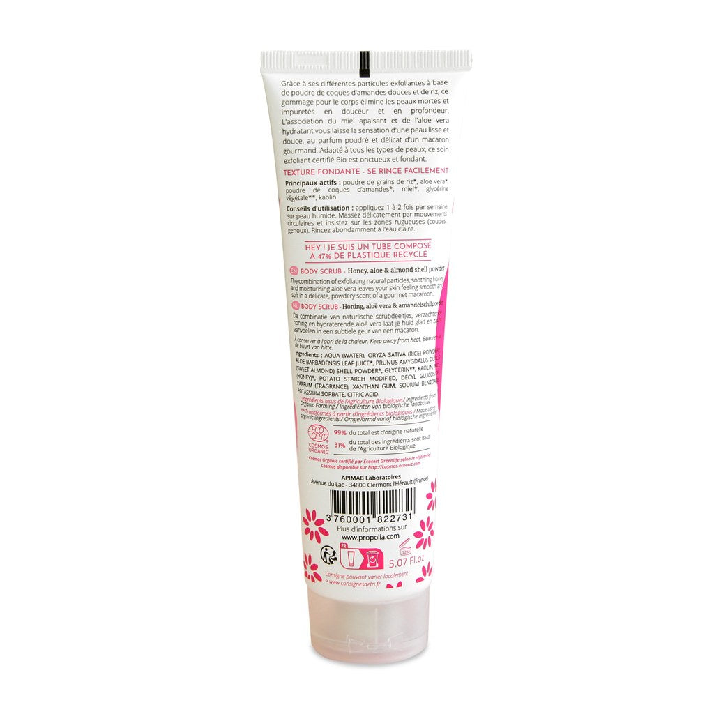 Achterkant Propolia bio body scrub 150 ml – ingrediënten en gebruik