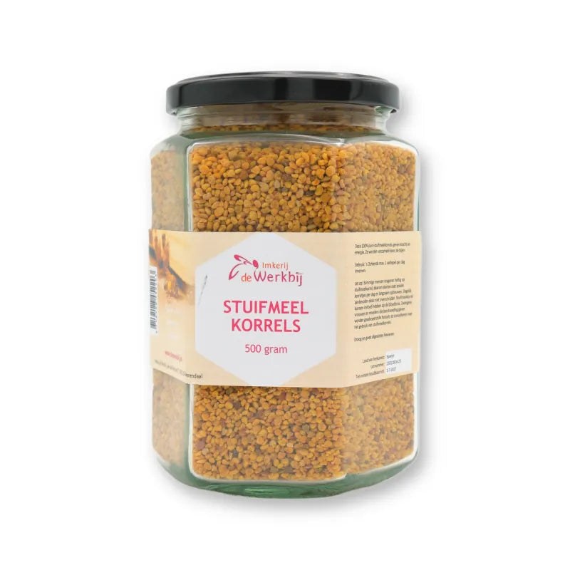 Stuifmeelkorrels (bijenpollen) 500 gram in zeskantige glazen pot van Imkerij de Werkbij