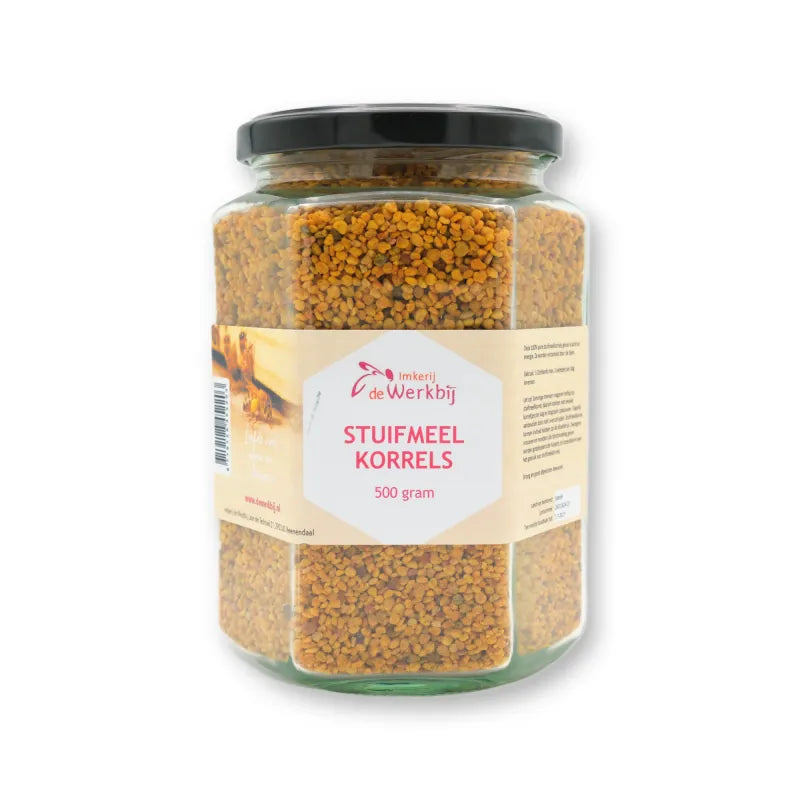 Stuifmeelkorrels (bijenpollen) 500 gram in zeskantige glazen pot, zijaanzicht met etiket