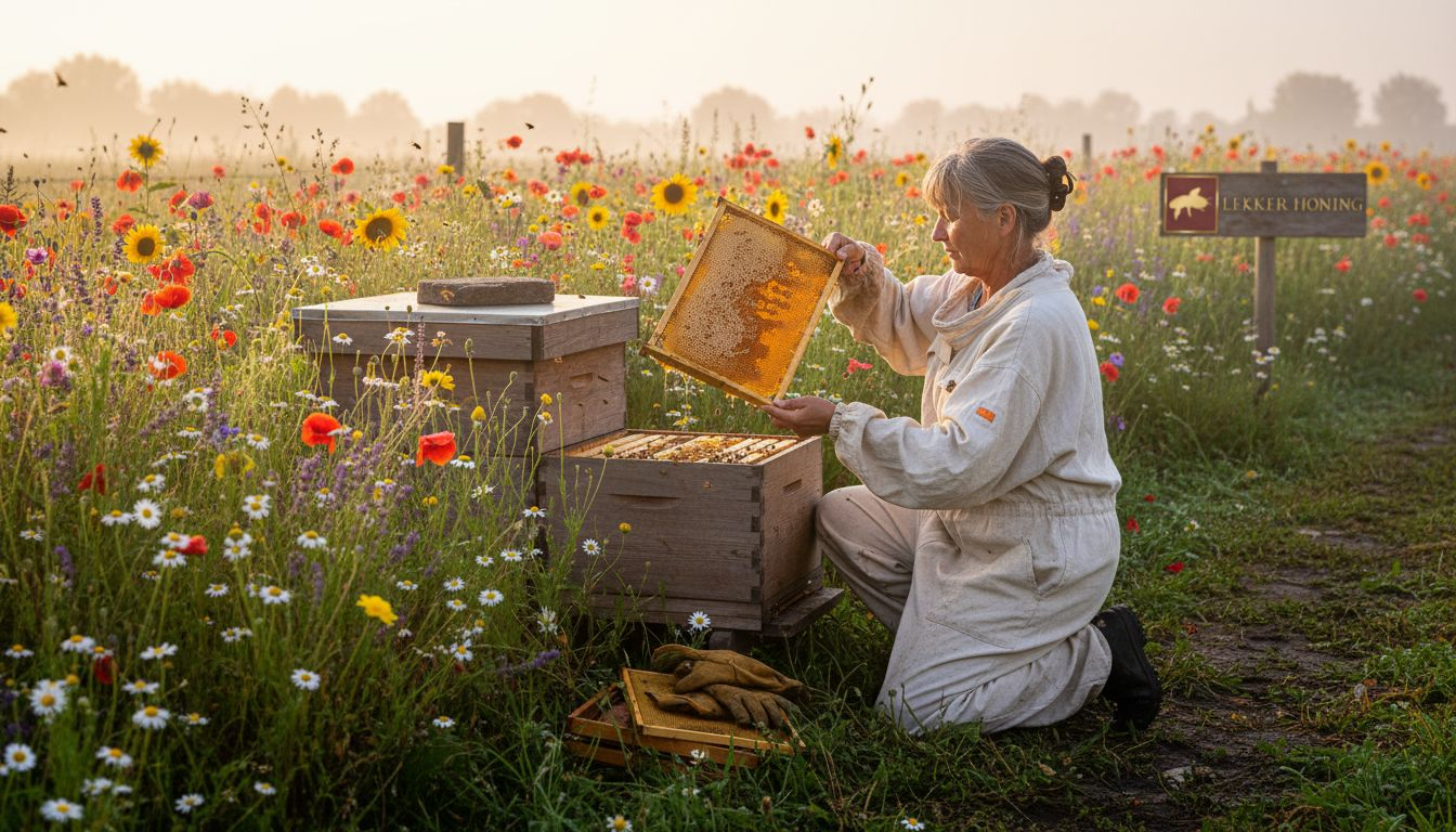 De imker haalt verse bloemenhoning uit de bijenkast.