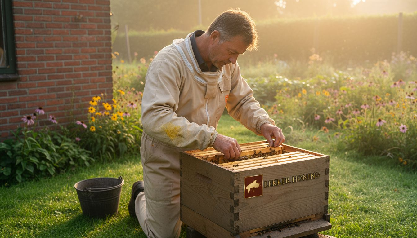 Een imker opent de bijenkast in zijn Hollandse achtertuin.