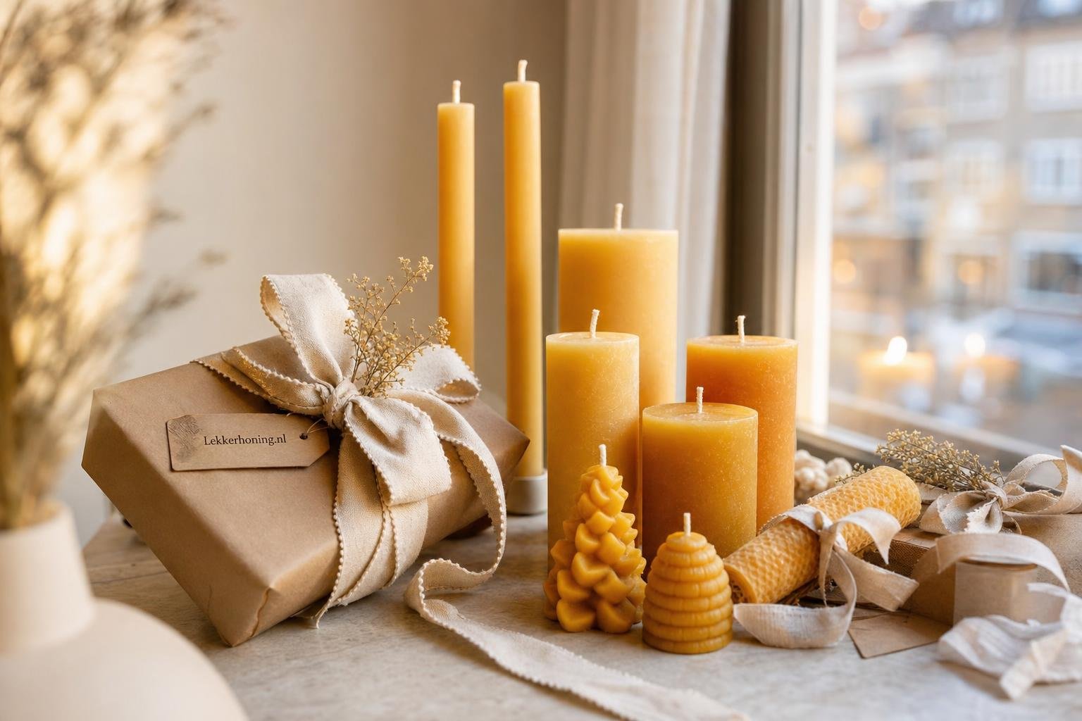 Bijenwas kaarsen als warm cadeau op een sfeervol gedekte tafel