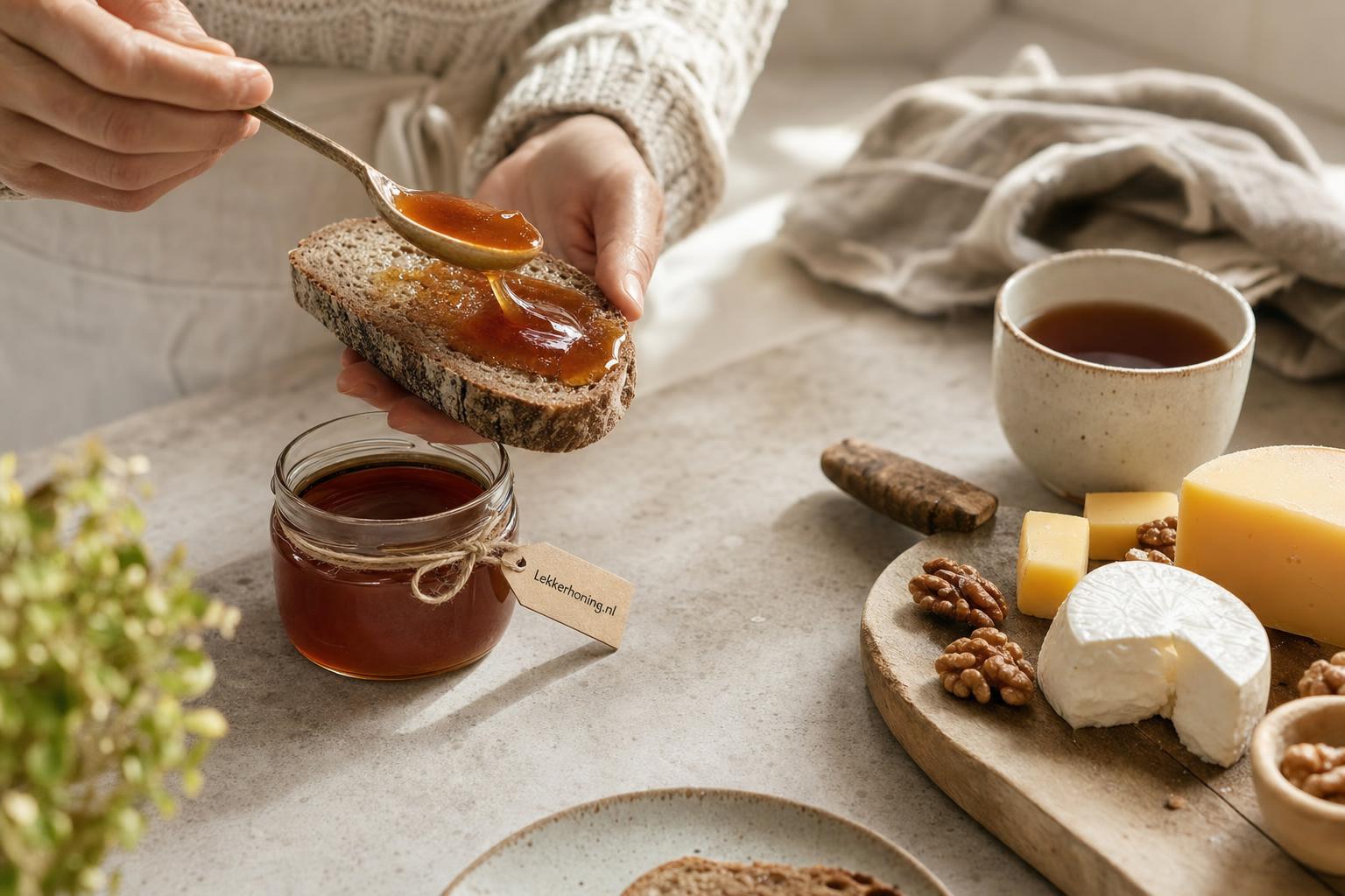 Heidehoning bij thee, brood en kaas met warme amberkleur en gelei-achtige structuur.