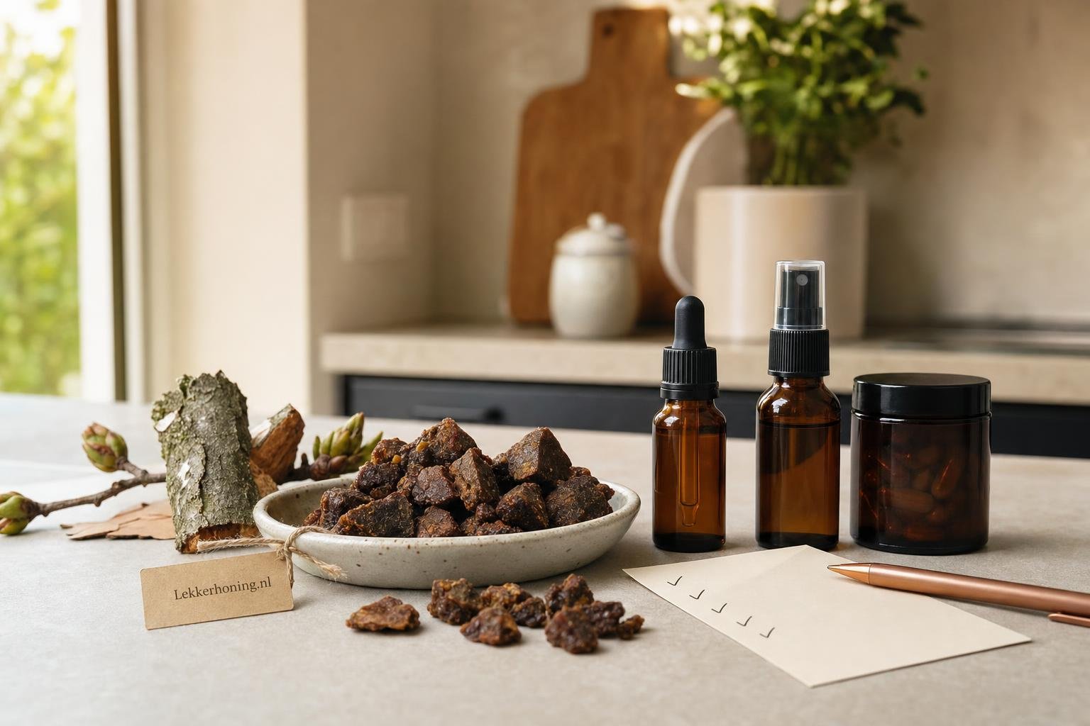 Koopgids voor propolis kwaliteit met kauwpropolis, capsules, spray en tinctuur op een rustige keukentafel.