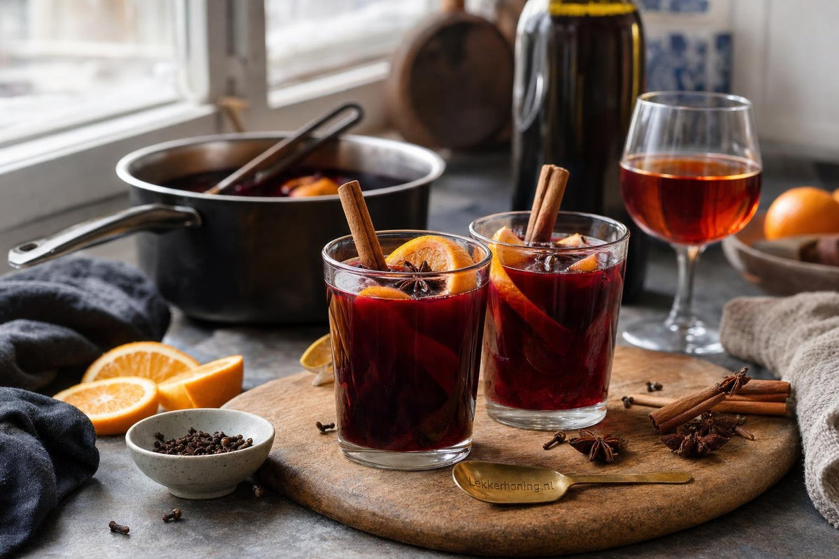 Glühwein recept met honing en warme mede met sinaasappel, kaneel en steranijs.