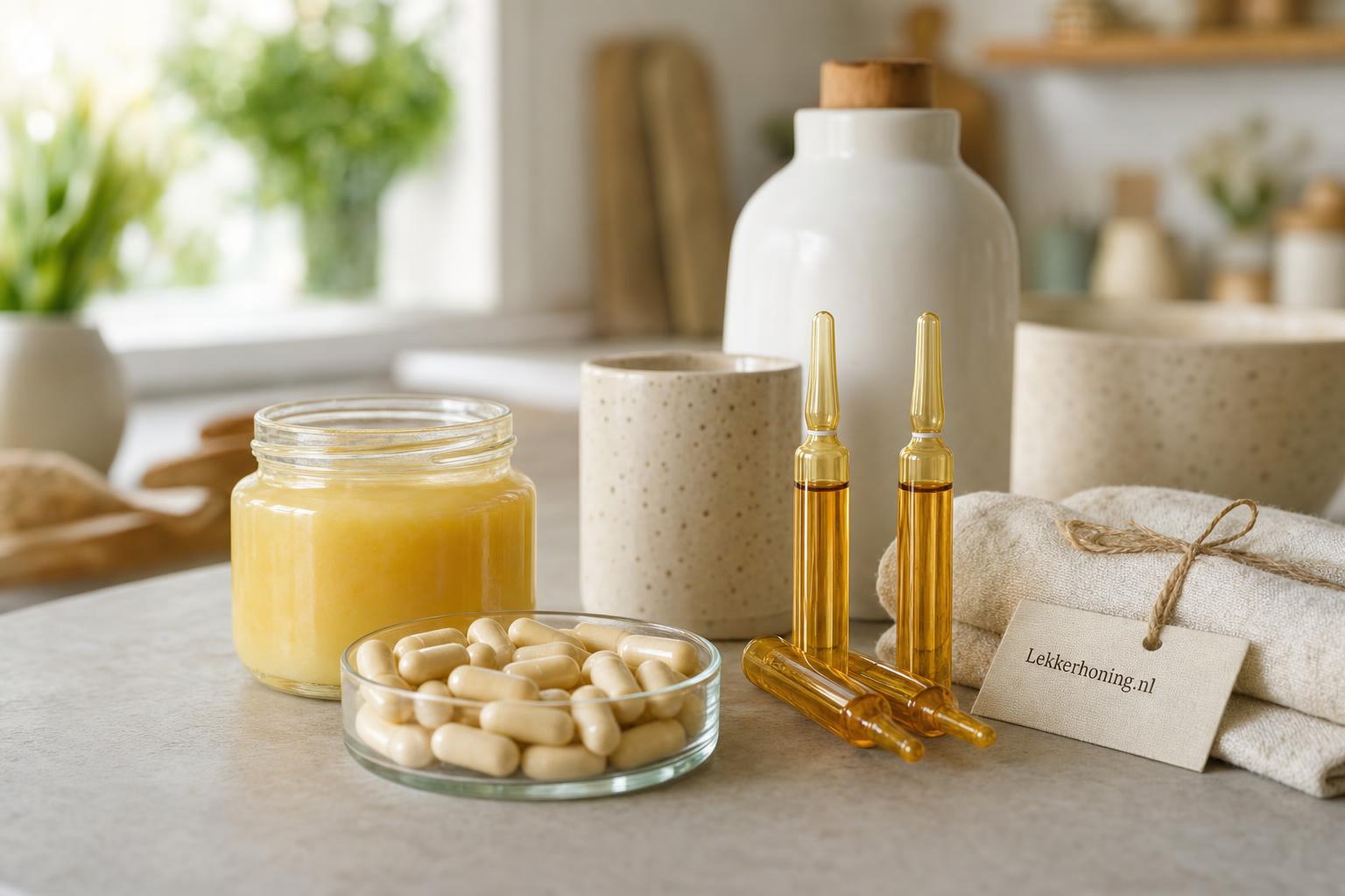 Royal jelly productvormen op een warme keukentafel met subtiele Lekkerhoning.nl branding.