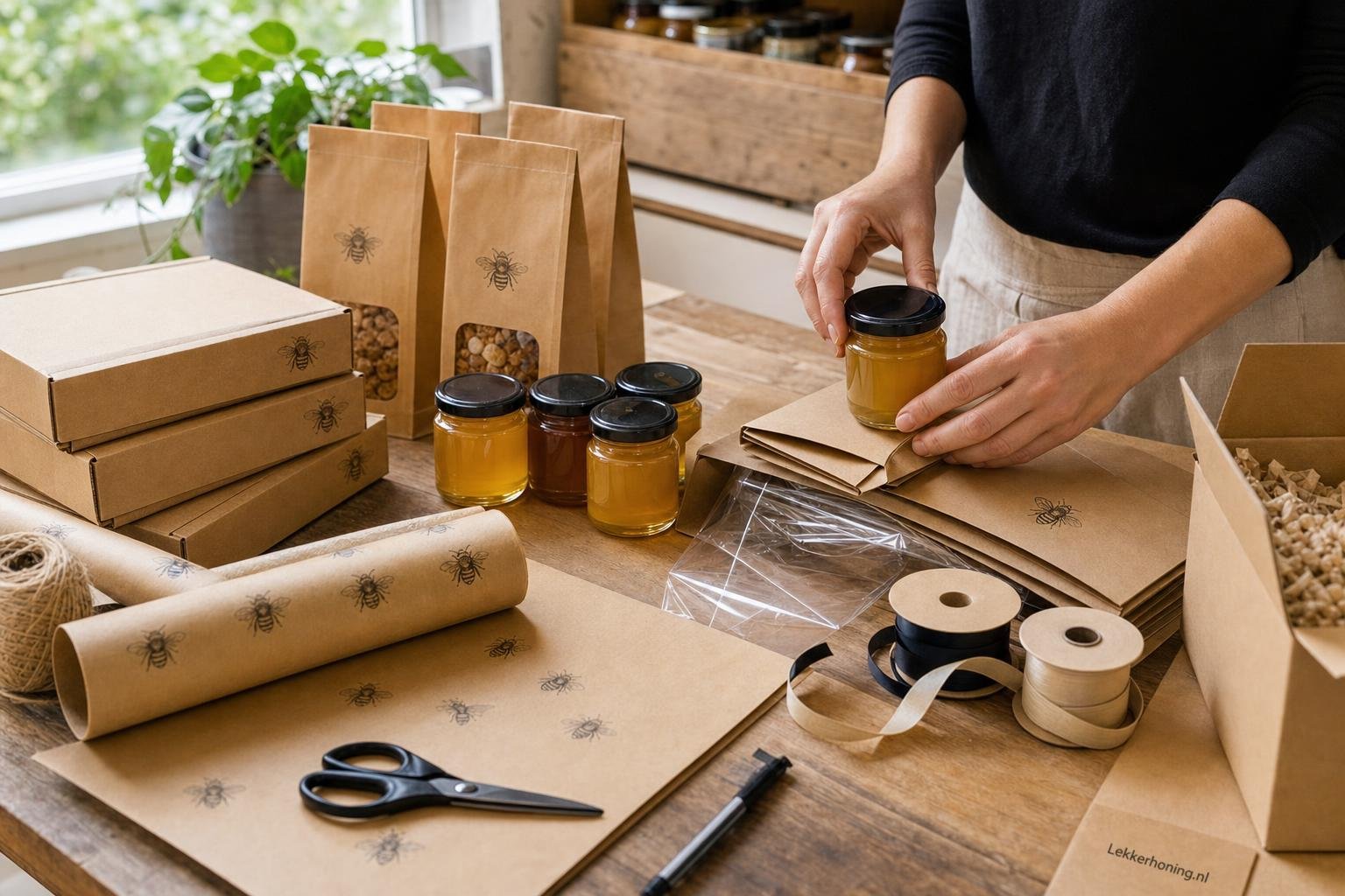 Paktafel met kartonnen doosjes, lint, potjes en kraft verpakkingen voor markten en webshops