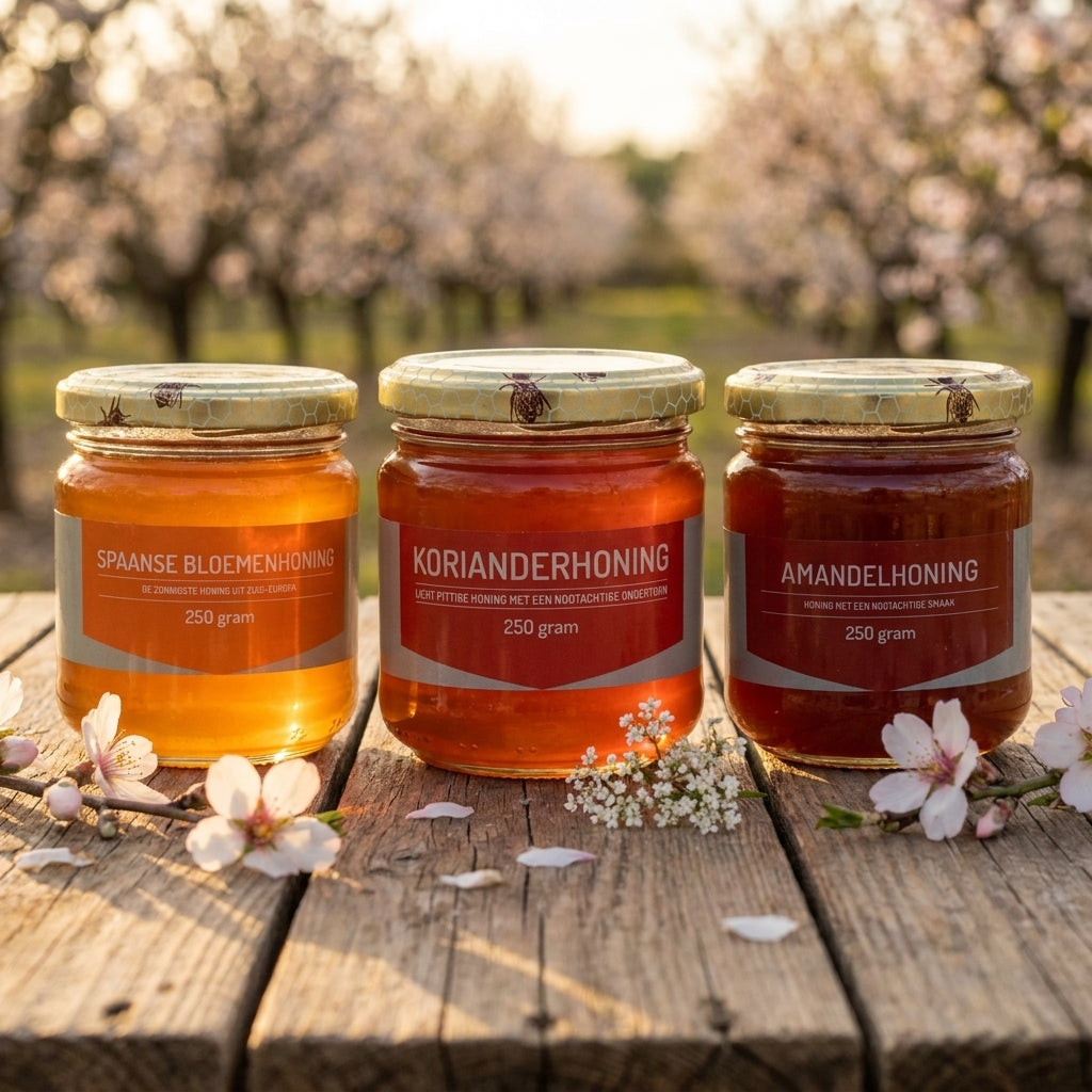 Spaanse bloemenhoning, Korianderhoning en Amandelhoning in een bloeiende amandelgaard
