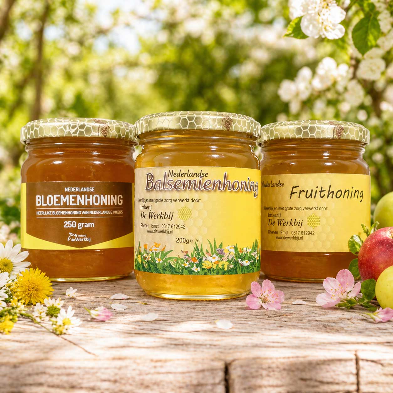 Nederlandse honingpakket  – Bloemenhoning, Balsemienhoning & Fruithoning 250g