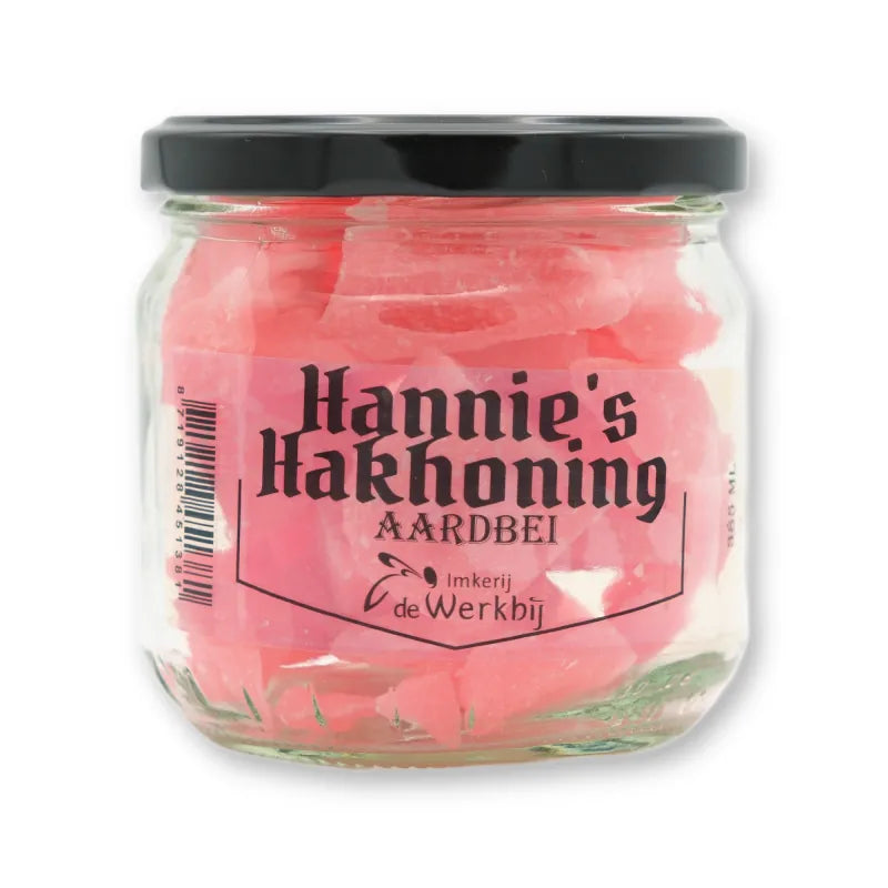 Hannie's Hakhoning Aardbei, ambachtelijke honingsnoepjes in glazen pot van Imkerij de Werkbij