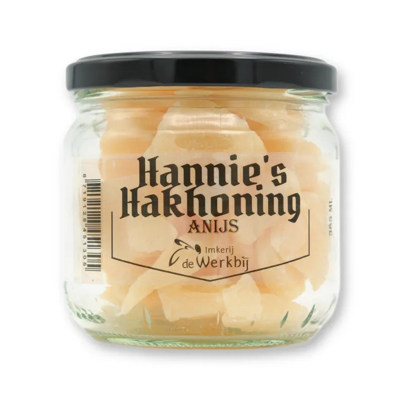 Hannie's Hakhoning Anijs, ambachtelijke honingsnoepjes in glazen pot van Imkerij de Werkbij