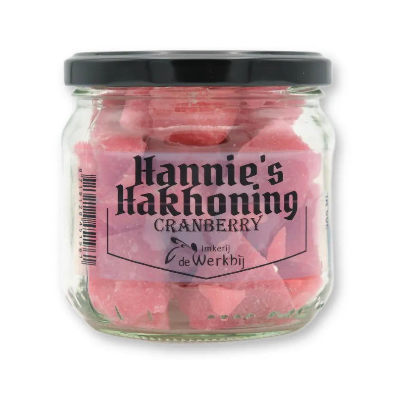 Hannie's Hakhoning Cranberry, ambachtelijke honingsnoepjes in glazen pot van Imkerij de Werkbij