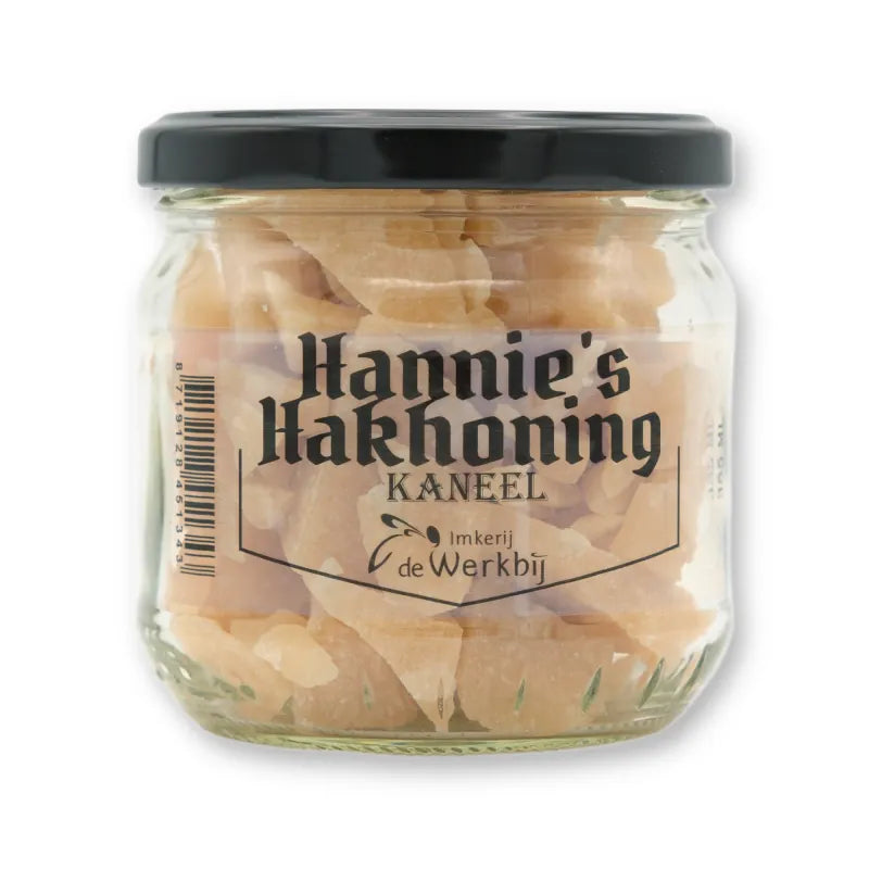 Hannie's Hakhoning Kaneel, ambachtelijke honingsnoepjes in glazen pot van Imkerij de Werkbij