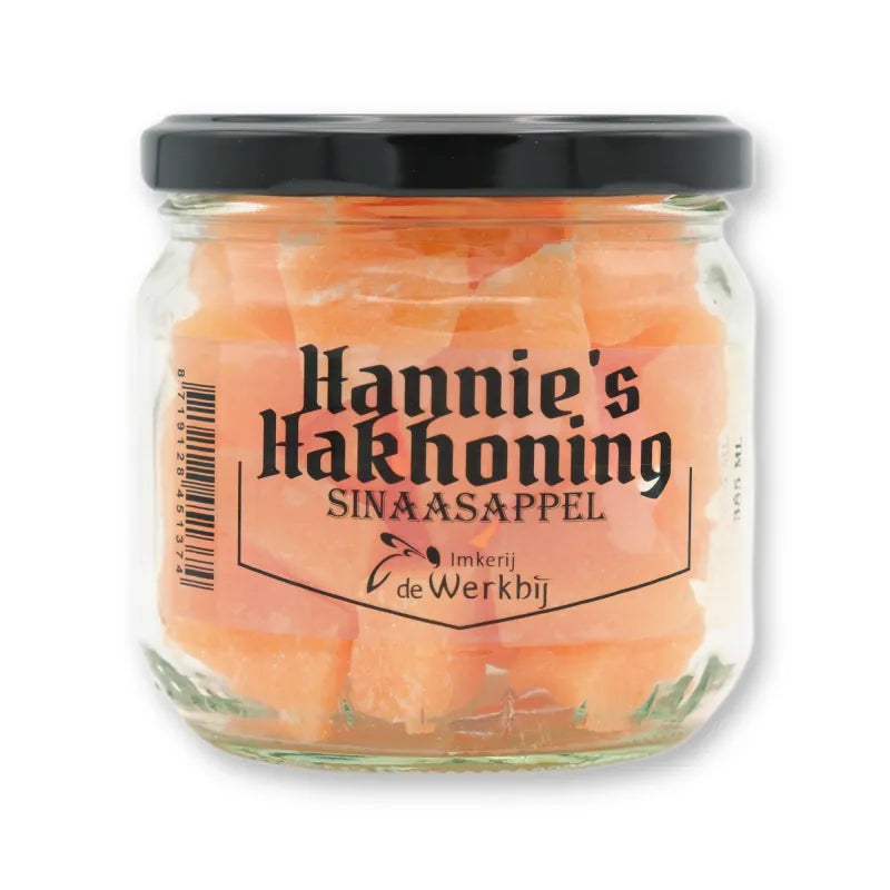 Hannie's Hakhoning Sinaasappel, ambachtelijke honingsnoepjes in glazen pot van Imkerij de Werkbij