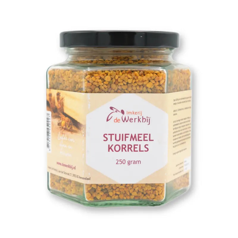 Stuifmeelkorrels (bijenpollen) 250 gram in zeskantige glazen pot, zijaanzicht met etiket